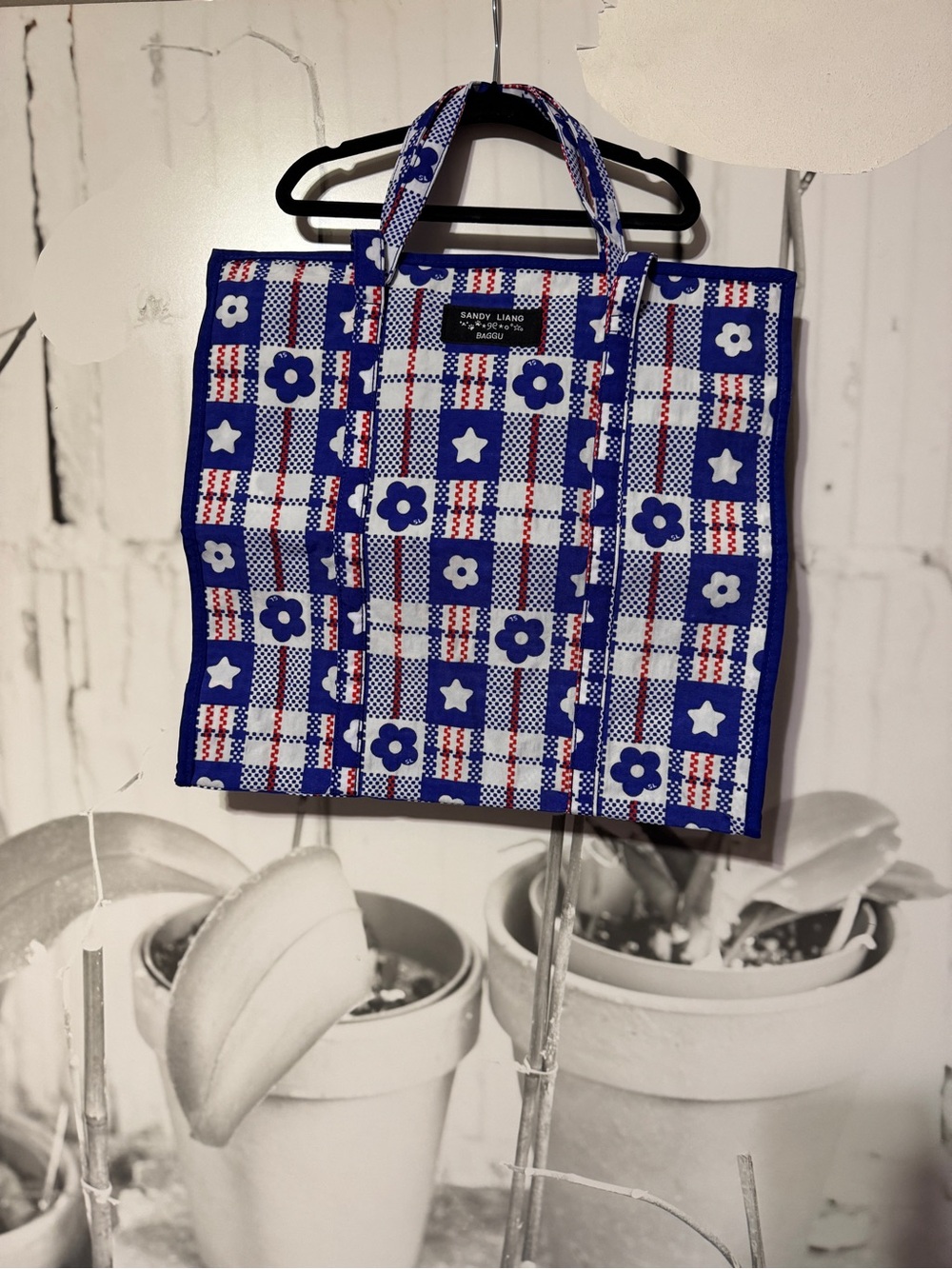 Sandy Liang Blue Plaid Floral Tote